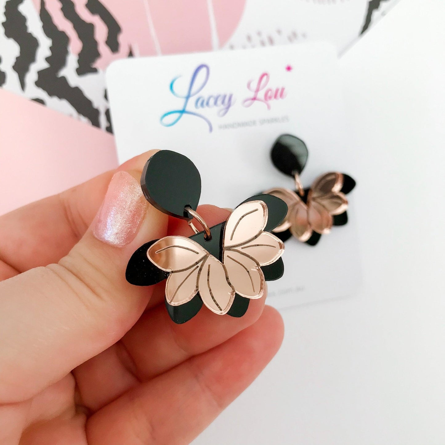 Bloom Dangles - Rose Gold and Black Acrylic Earrings - Lacey Lou Sparkles