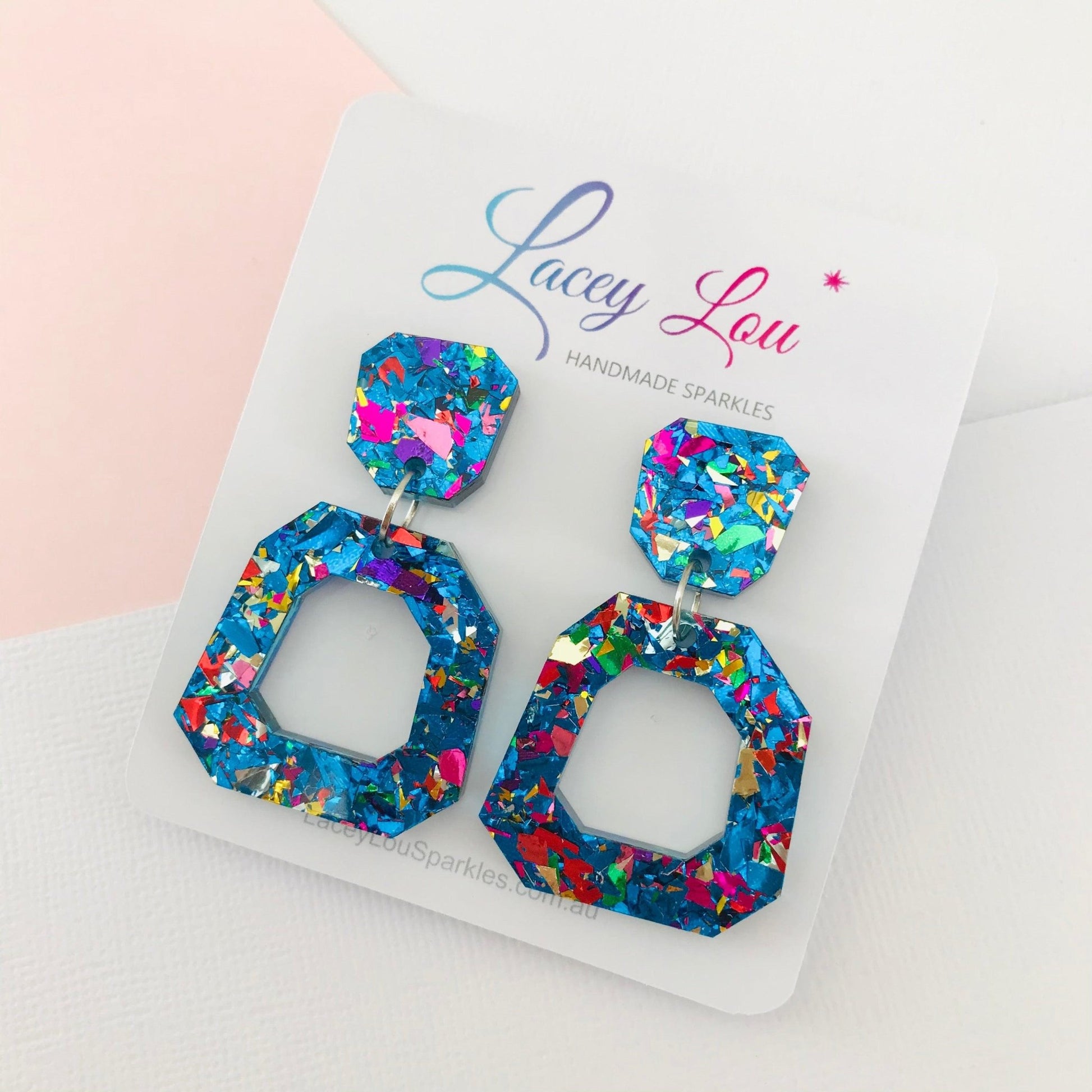 Blue Glitter Abstract Statement Acrylic Earrings - Lacey Lou Sparkles