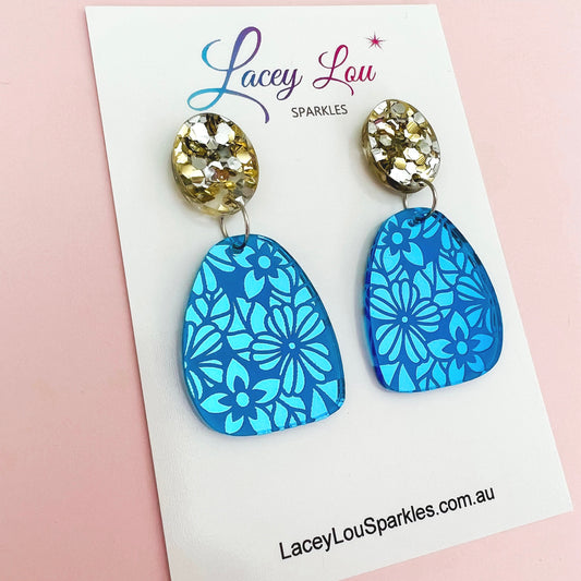 Blue Mirror Floral Abstract Dangles - Lacey Lou Sparkles