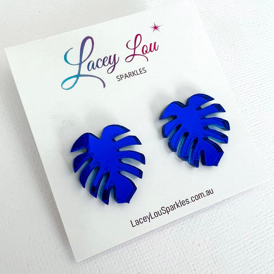 Blue Mirror Monstera Acrylic Studs - Lacey Lou Sparkles