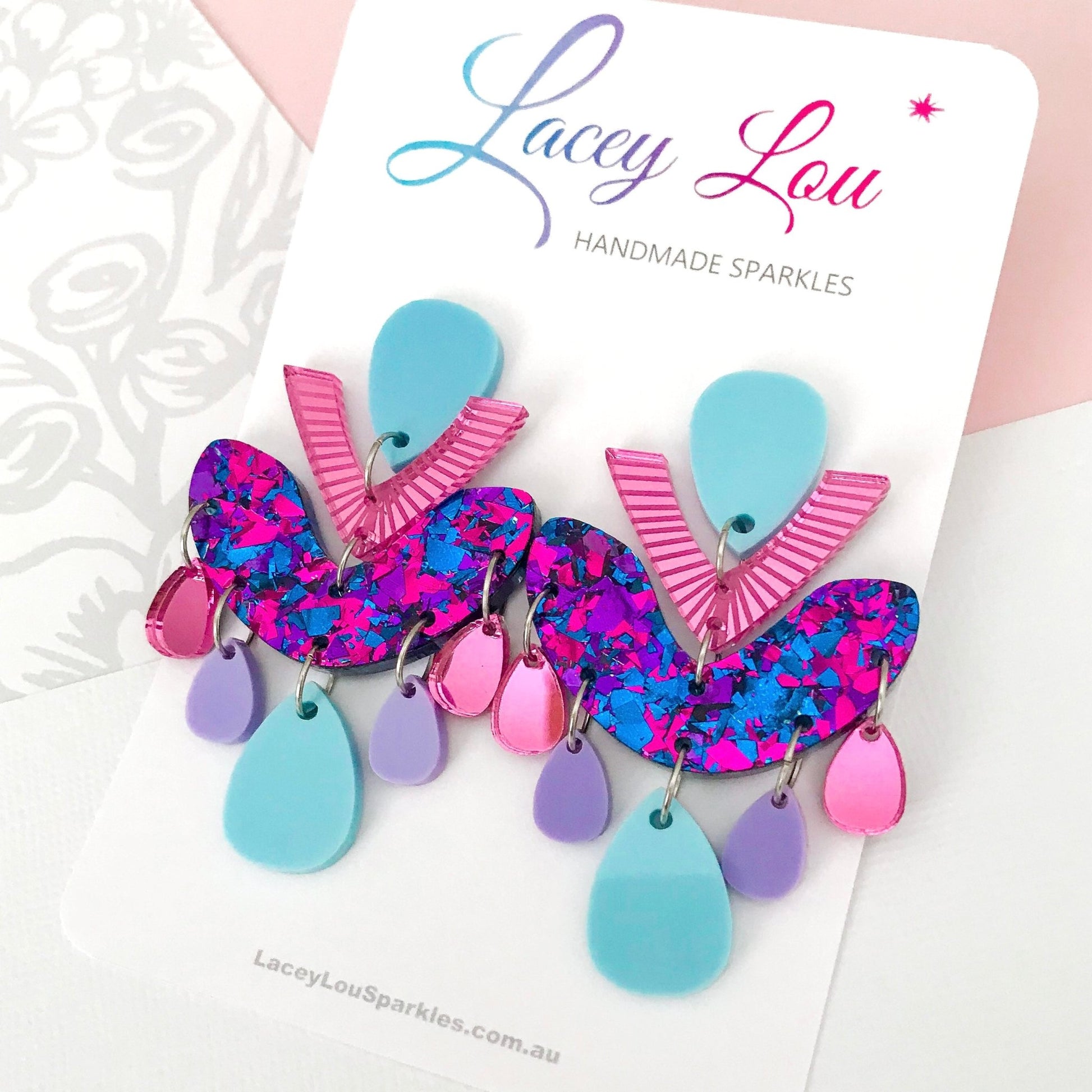 Blue Multicolour Chandelier Dangles - Statement Acrylic Earrings - Lacey Lou Sparkles