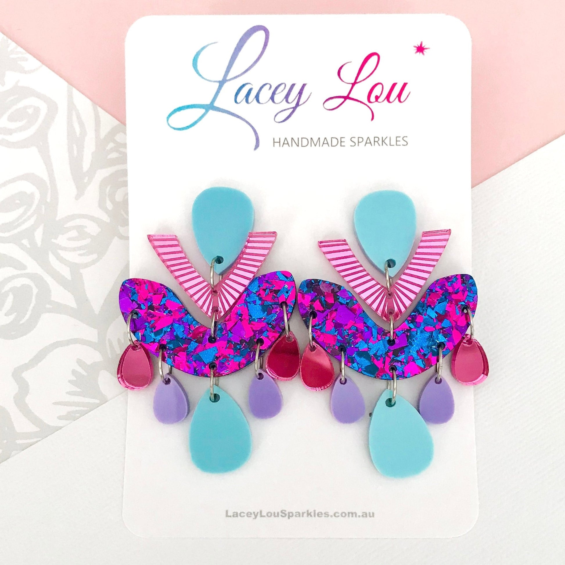 Blue Multicolour Chandelier Dangles - Statement Acrylic Earrings - Lacey Lou Sparkles