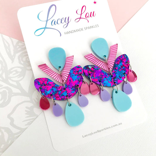Blue Multicolour Chandelier Dangles - Statement Acrylic Earrings - Lacey Lou Sparkles