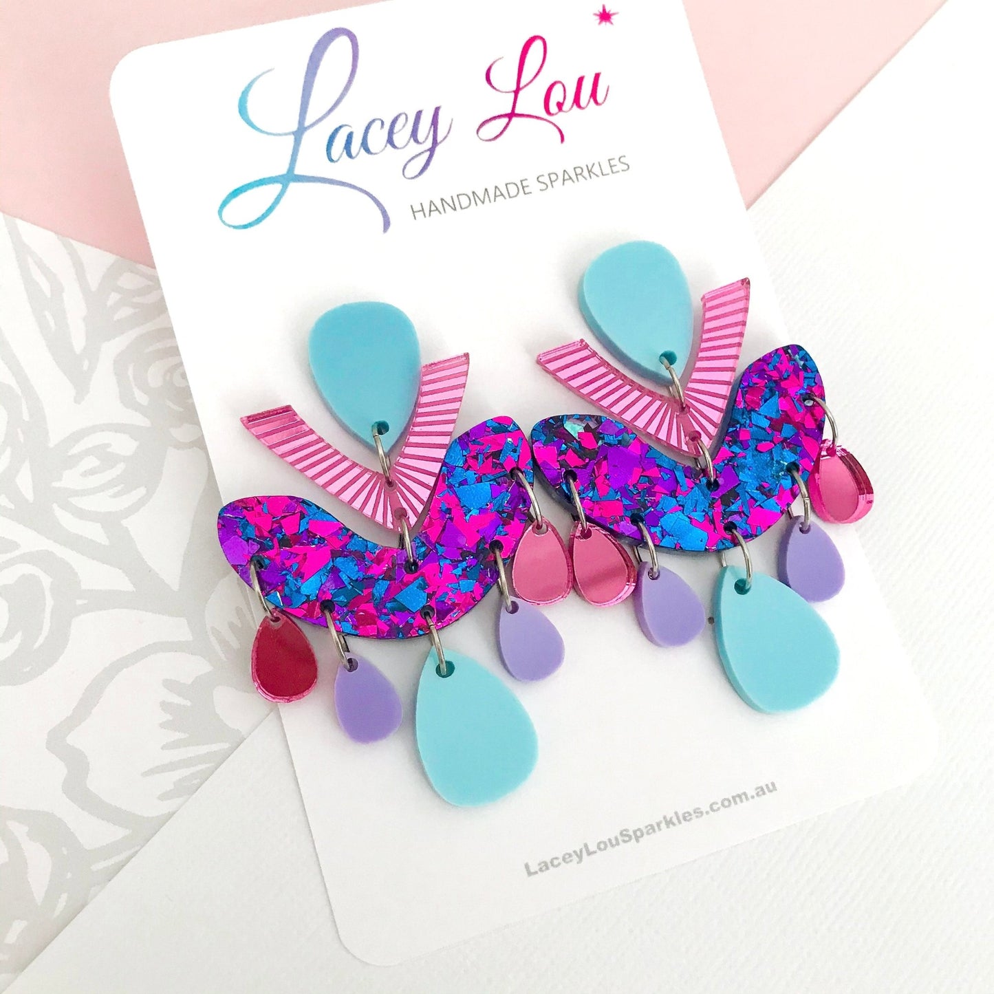 Blue Multicolour Chandelier Dangles - Statement Acrylic Earrings - Lacey Lou Sparkles