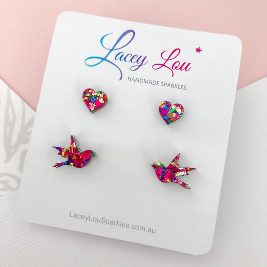 Bluebird earrings set - Rainbow Glitter - Lacey Lou Sparkles