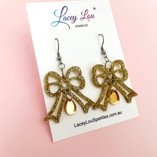 Bowtiful Gold Statement Acrylic Dangles - Lacey Lou Sparkles