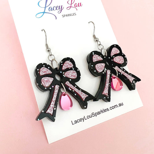 Bowtiful Pink & Black Statement Acrylic Dangles - Lacey Lou Sparkles