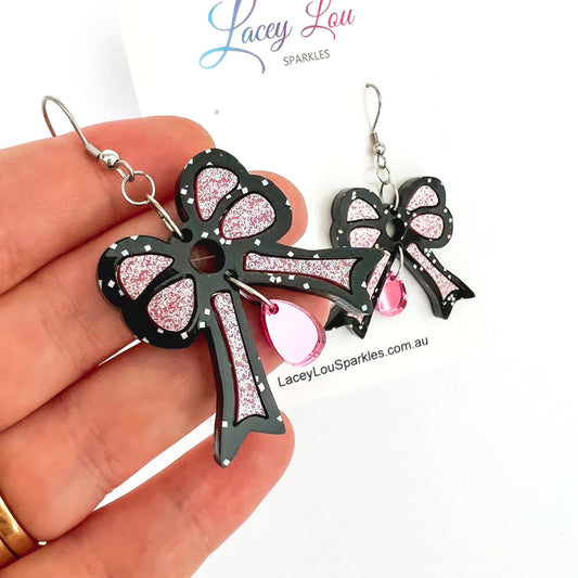 Bowtiful Pink & Black Statement Acrylic Dangles - Lacey Lou Sparkles