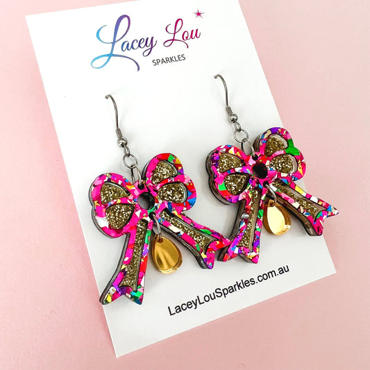 Bowtiful Rainbow & Gold Statement Acrylic Dangles - Lacey Lou Sparkles