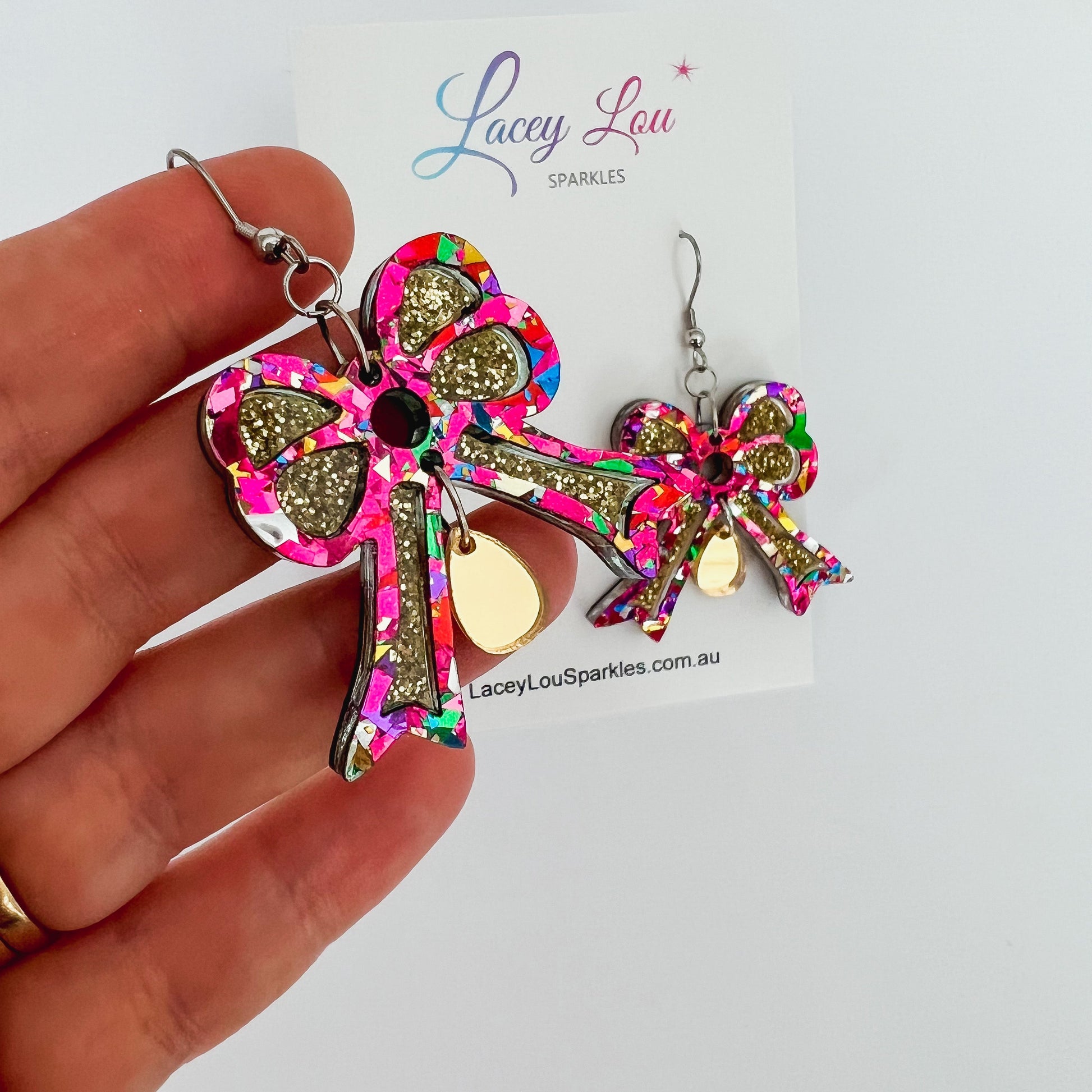 Bowtiful Rainbow & Gold Statement Acrylic Dangles - Lacey Lou Sparkles