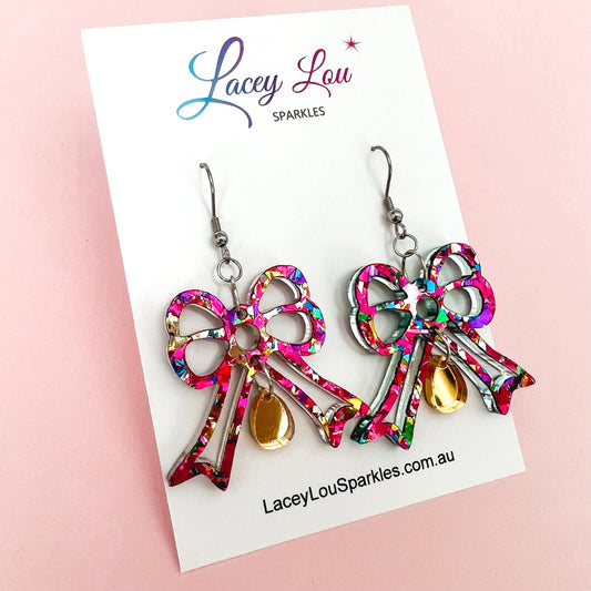 Bowtiful Rainbow Statement Acrylic Dangles - Lacey Lou Sparkles