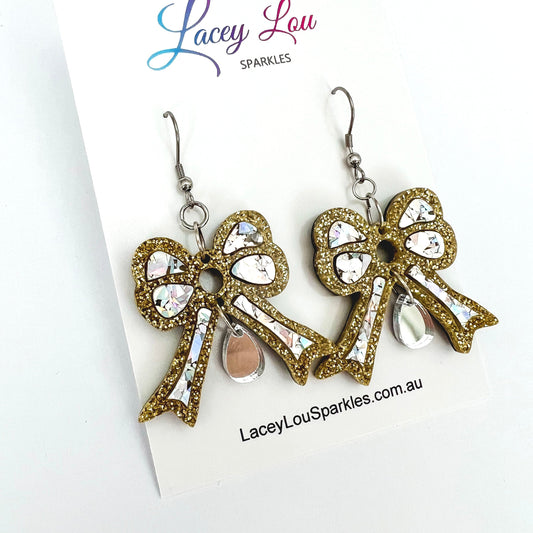 Bowtiful Silver and Gold Statement Acrylic Dangles - Lacey Lou Sparkles