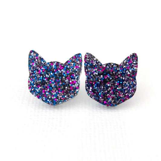 Cat Studs - Deep Blue Fine Glitter Cat Earrings - Lacey Lou Sparkles