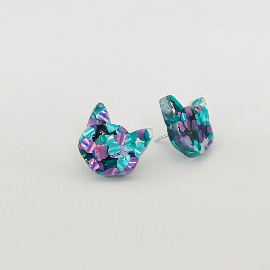 Cat Studs - Peacock Glitter Cat Earrings - Lacey Lou Sparkles