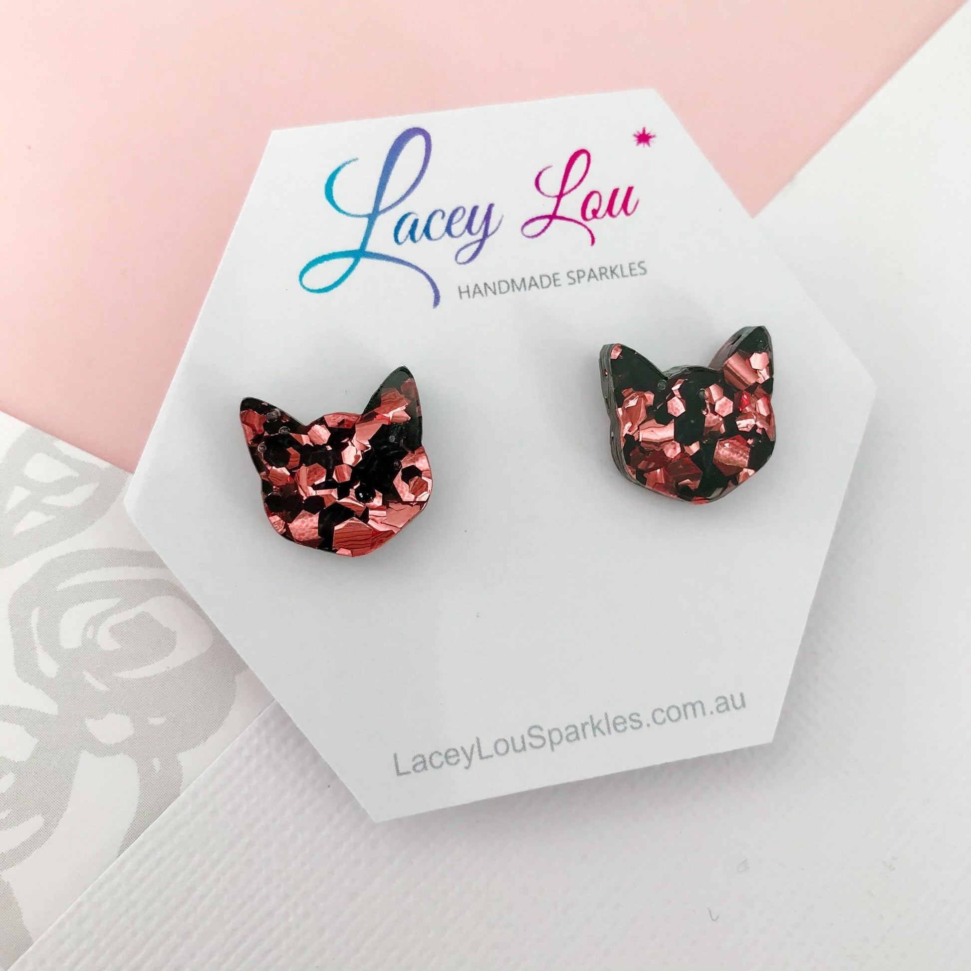 Cat Studs - Rose Gold and Black Glitter Cat Earrings - Lacey Lou Sparkles
