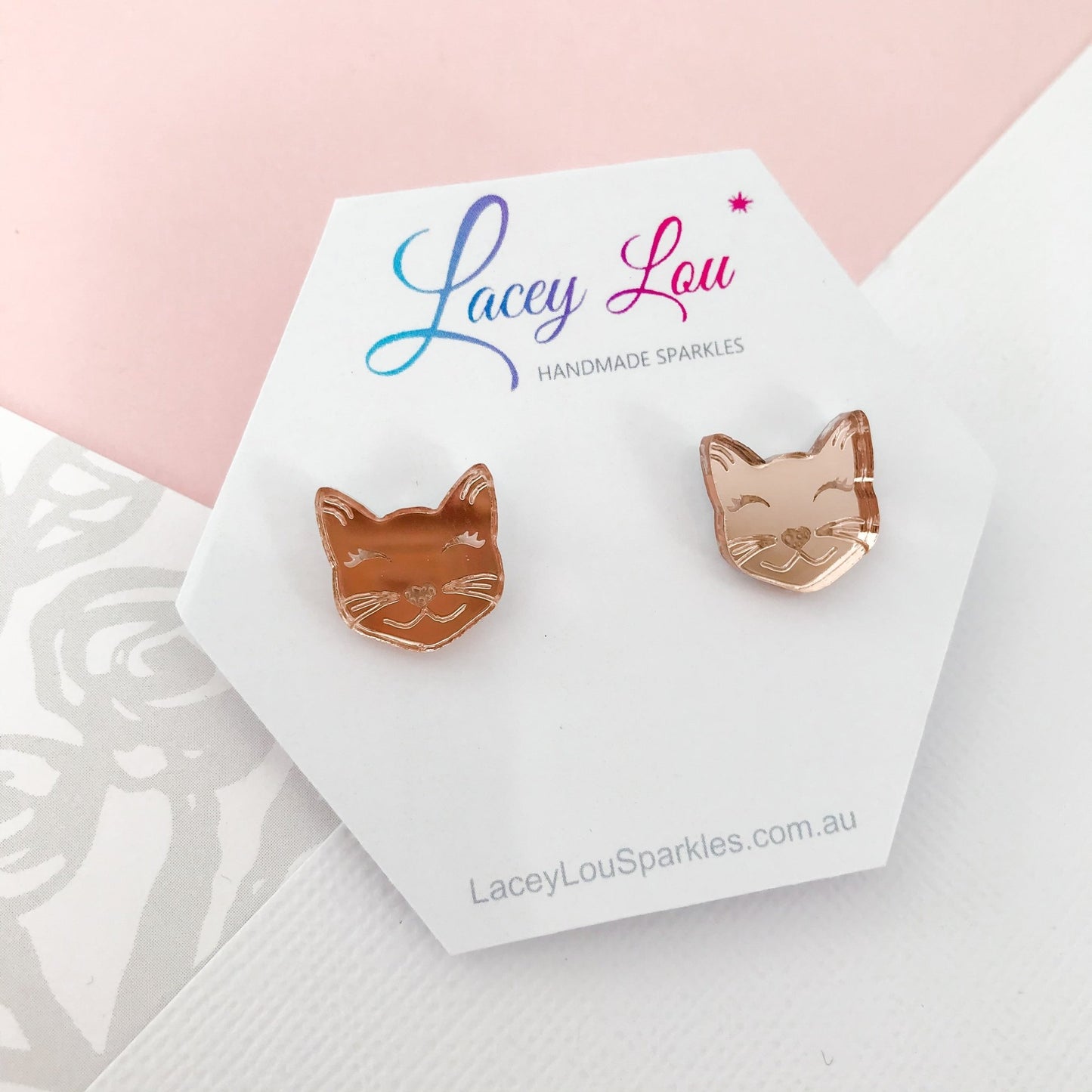 Cat Studs - Rose Gold Mirror Cat Earrings - Lacey Lou Sparkles
