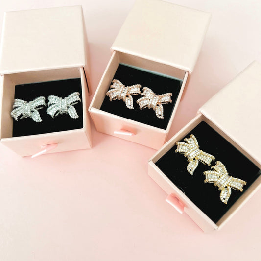 Charlotte Silver Bow Stud Earrings - Lacey Lou Sparkles