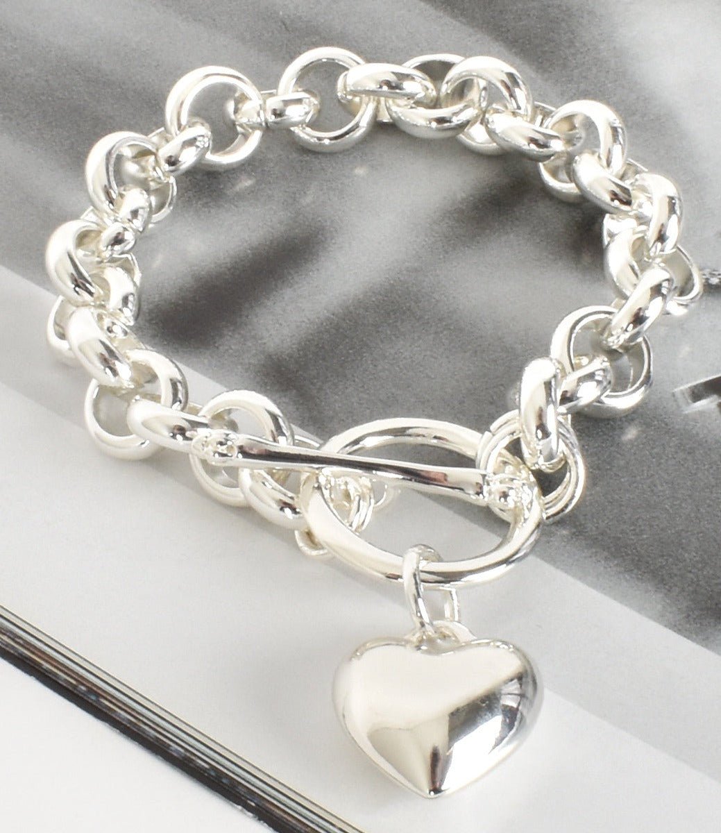 Chloe Silver Chunky Chain Link Bracelet with Heart Charm - Lacey Lou Sparkles