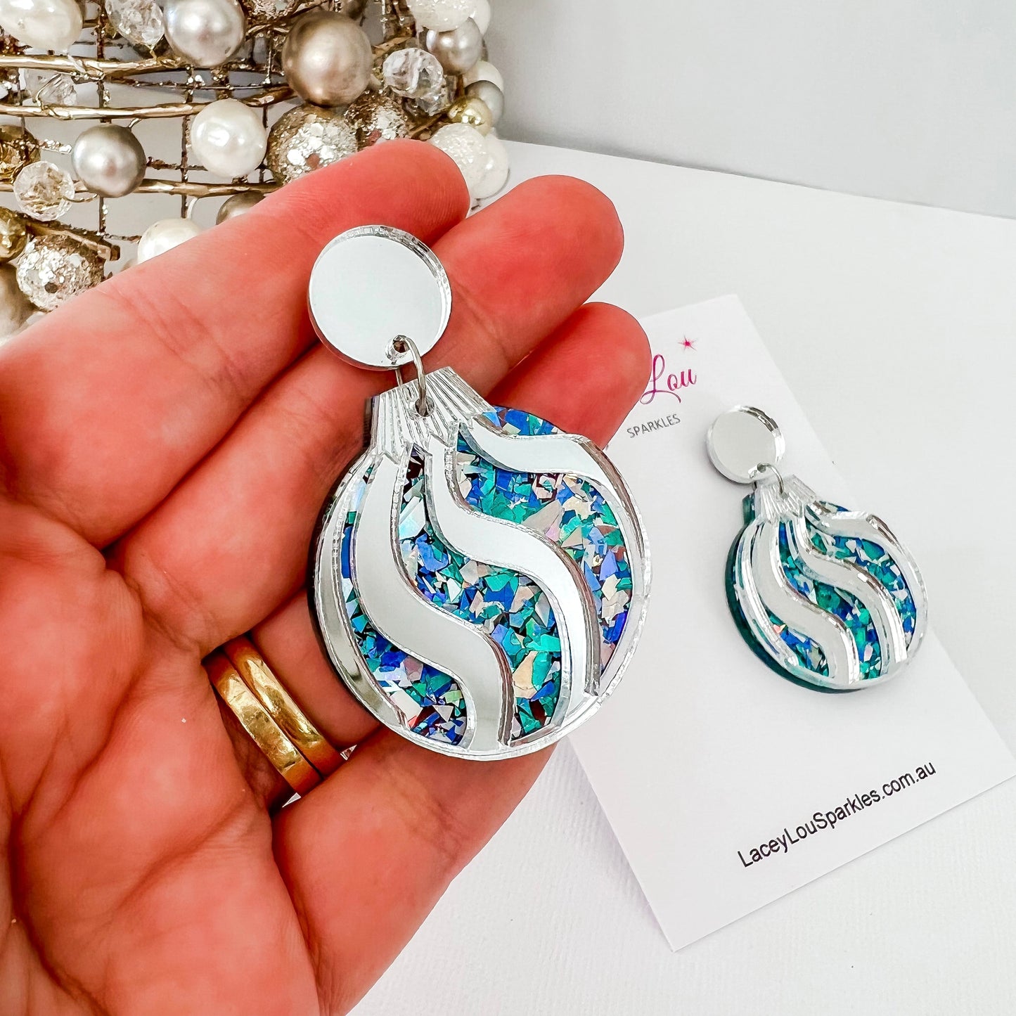 Christmas Bauble Earrings - Ice Blue Glitter and Silver - Lacey Lou Sparkles