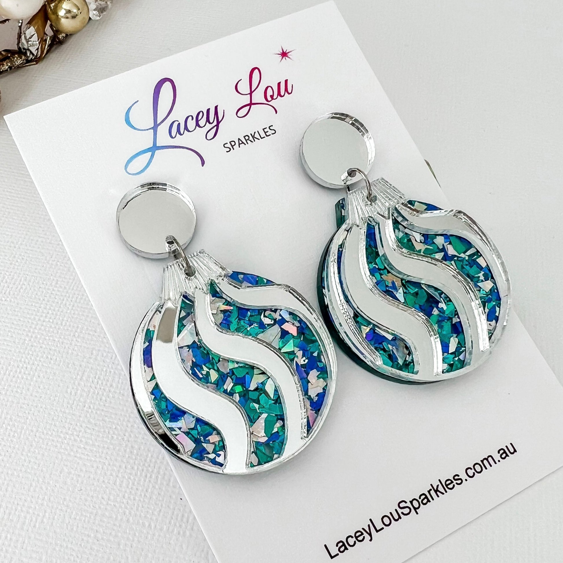 Christmas Bauble Earrings - Ice Blue Glitter and Silver - Lacey Lou Sparkles