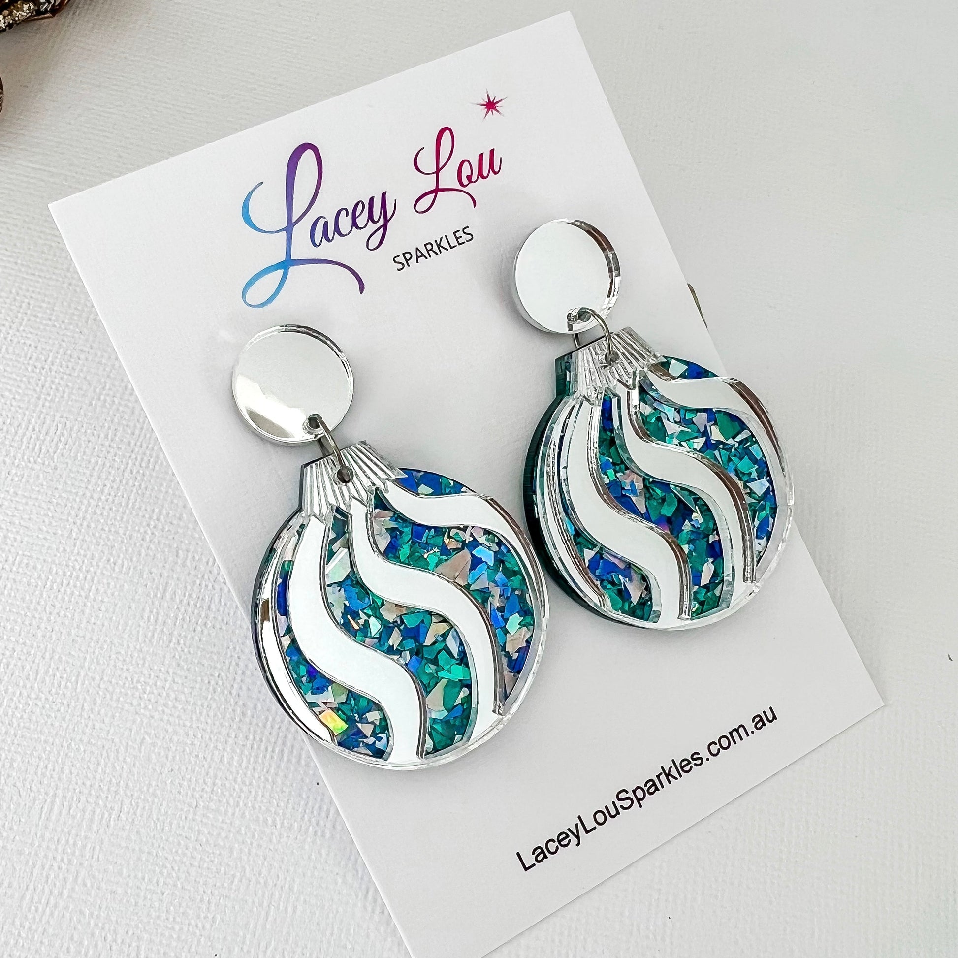 Christmas Bauble Earrings - Ice Blue Glitter and Silver - Lacey Lou Sparkles