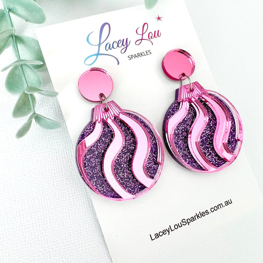 Christmas Bauble Earrings - Purple Glitter and Pink - Lacey Lou Sparkles