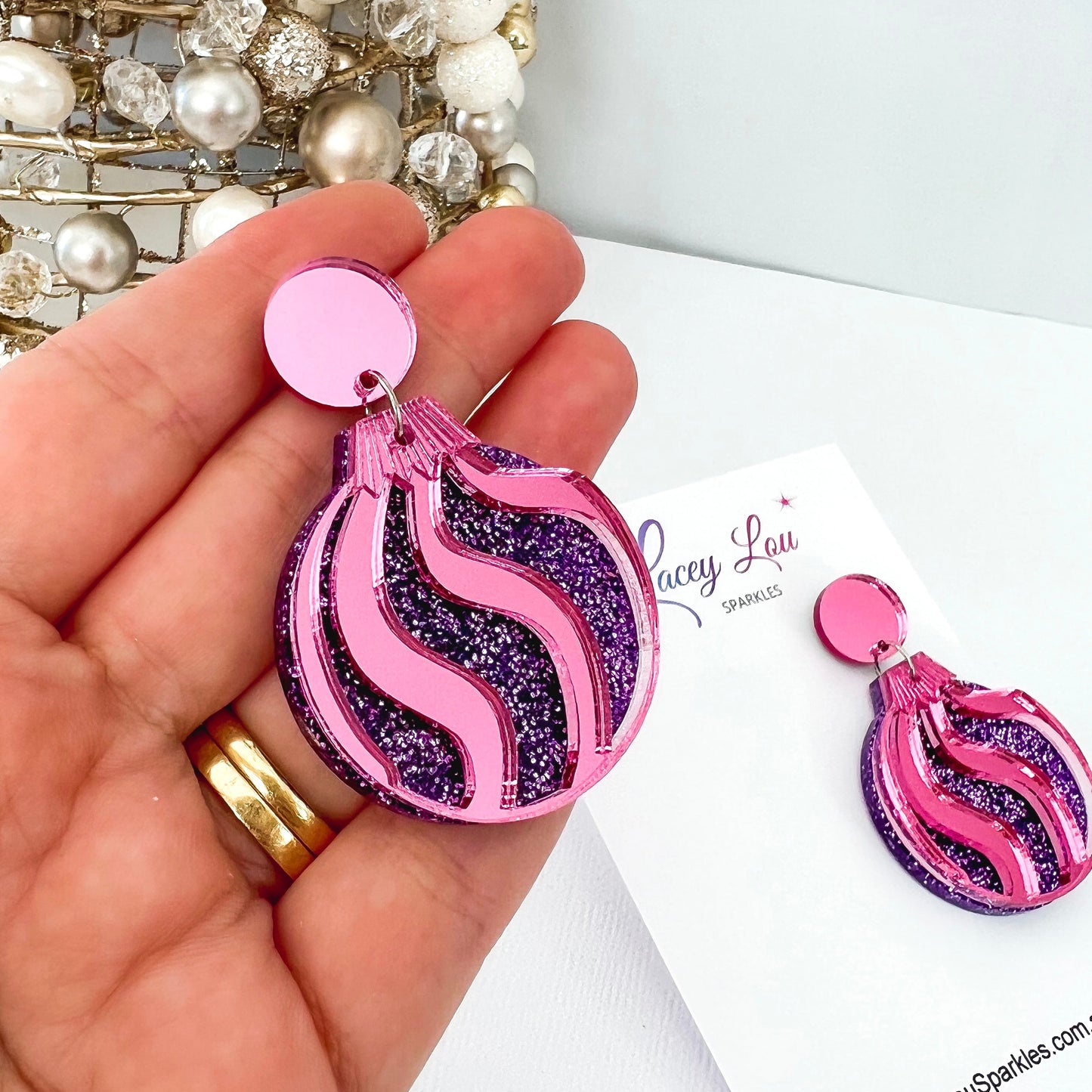 Christmas Bauble Earrings - Purple Glitter and Pink - Lacey Lou Sparkles