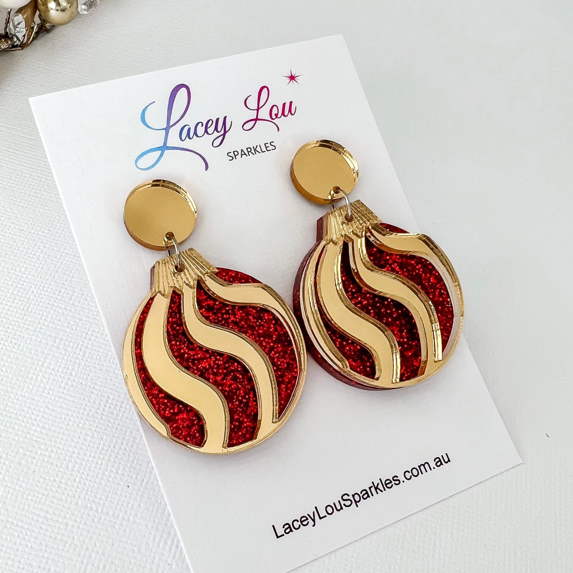 Christmas Bauble Earrings - Red Fine Glitter and Gold - Lacey Lou Sparkles