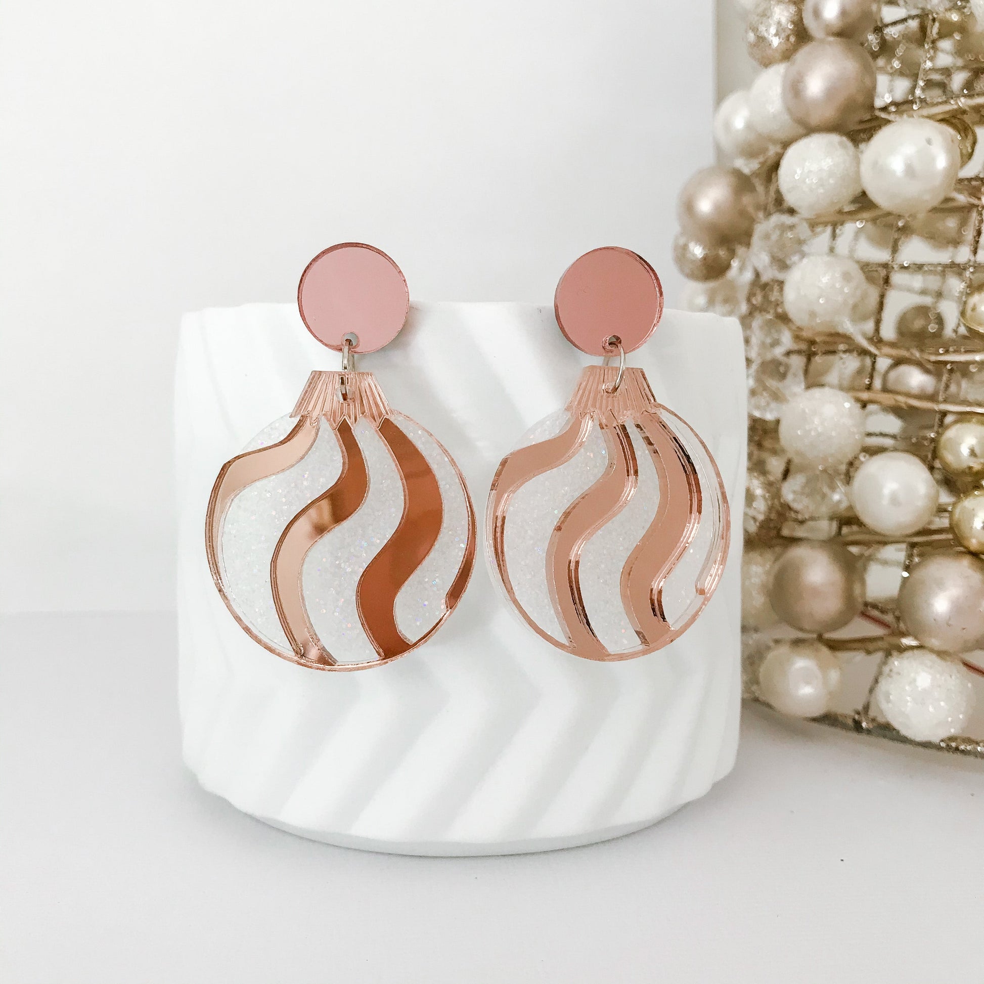 Christmas Bauble Earrings - White Glitter and Rose Gold - Lacey Lou Sparkles