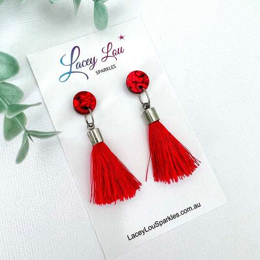 Christmas Tassel Earrings - Small Red - Lacey Lou Sparkles