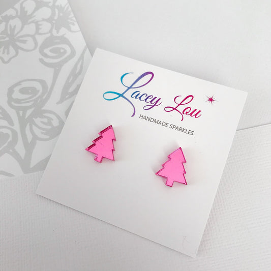 Christmas Tree Stud Earrings - Pink Mirror - CLEARANCE - Lacey Lou Sparkles