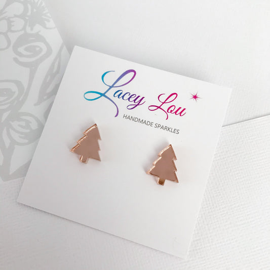 Christmas Tree Stud Earrings - Rose Gold Mirror - CLEARANCE - Lacey Lou Sparkles
