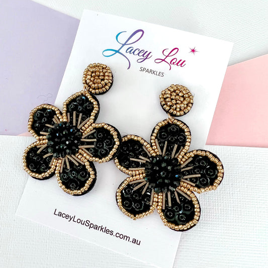 CLEARANCE Ella Beaded Flower Dangle - Black - Lacey Lou Sparkles