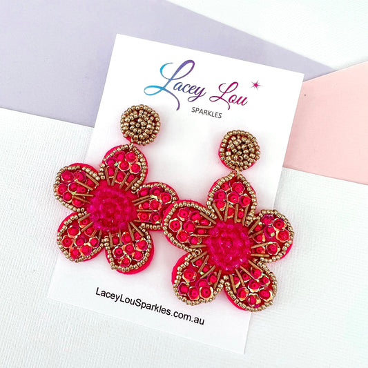 CLEARANCE Ella Beaded Flower Dangle - Hot Pink - Lacey Lou Sparkles