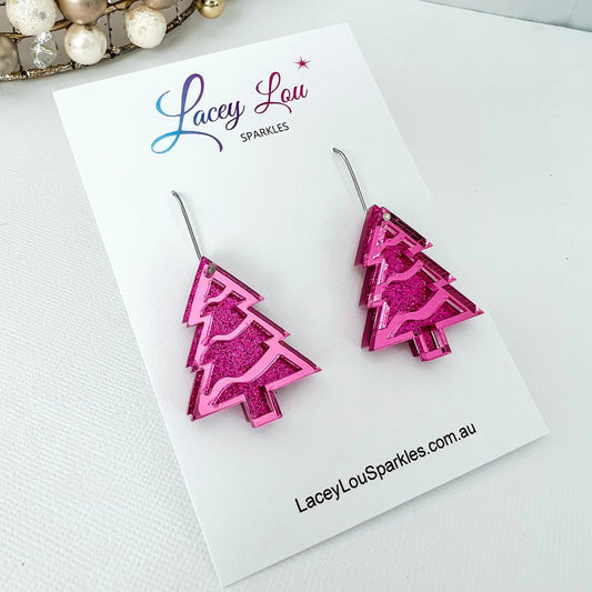 CLEARANCE Layered Christmas Tree Earrings - Fuchsia - Lacey Lou Sparkles
