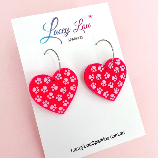 CLEARANCE Paw Print Acrylic Hoop Earrings - Hot Pink - Lacey Lou Sparkles