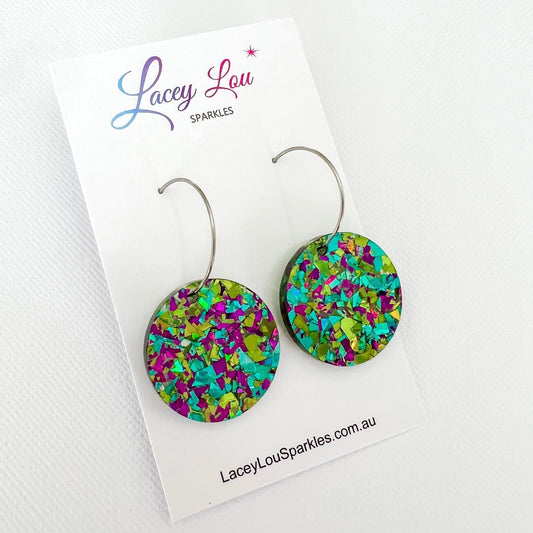 CLEARANCE Round Peacock Green Glitter Hoop Acrylic Earrings - Lacey Lou Sparkles
