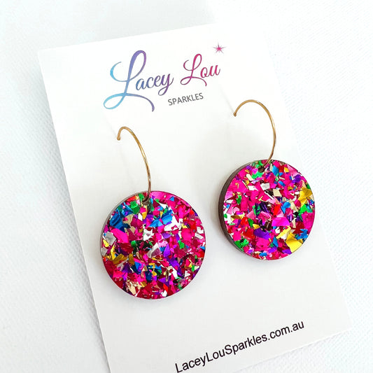 CLEARANCE Round Rainbow Glitter Acrylic Hoop Dangle Earrings - Lacey Lou Sparkles