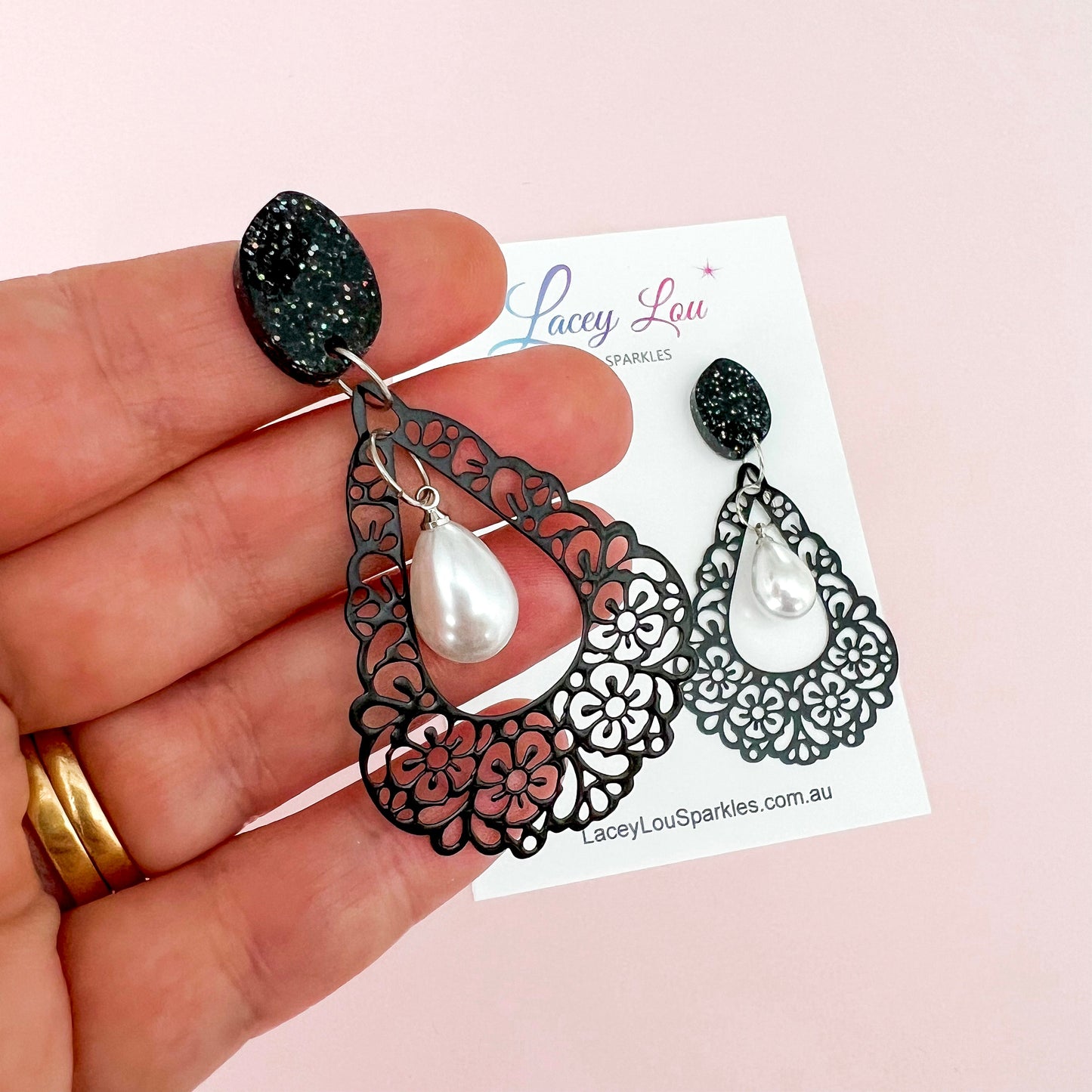 Diana Black Lace + Pearl Statement Dangles - Lacey Lou Sparkles