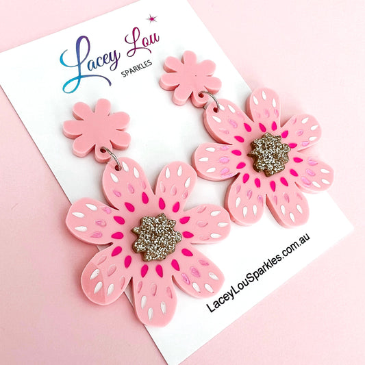 Extra Large Pink Flower Acrylic Earrings - Lacey Lou Sparkles