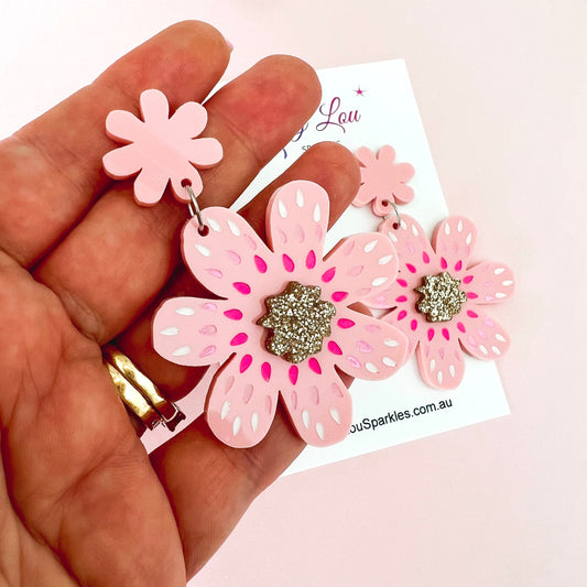 Extra Large Pink Flower Acrylic Earrings - Lacey Lou Sparkles