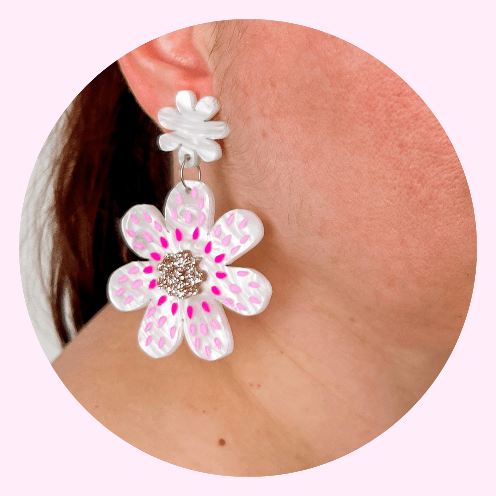 Extra Large White Flower Acrylic Earrings - Lacey Lou Sparkles