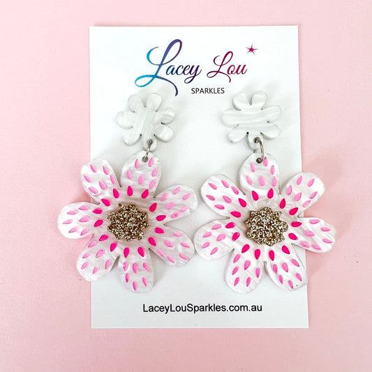 Extra Large White Flower Acrylic Earrings - Lacey Lou Sparkles