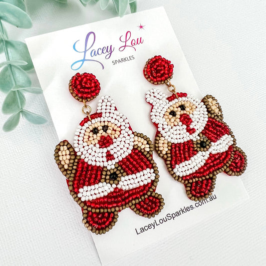 Fat Santa Beaded Christmas Earrings - Lacey Lou Sparkles