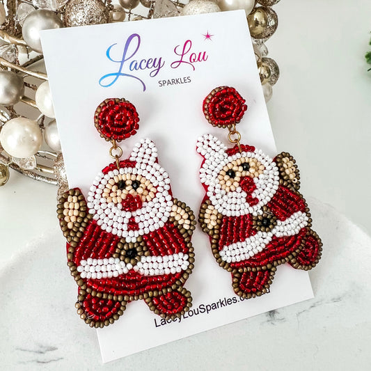 Fat Santa Beaded Christmas Earrings - Lacey Lou Sparkles