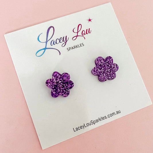 Glitter Purple Flower Acrylic Studs - Lacey Lou Sparkles