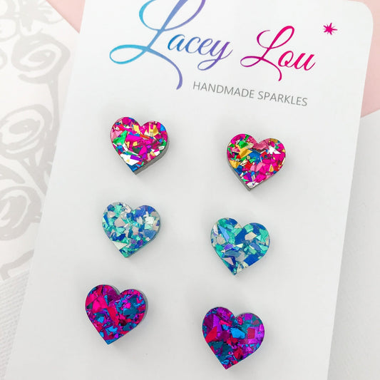 Glittery Heart Stud Set - Acrylic Earring set - Lacey Lou Sparkles