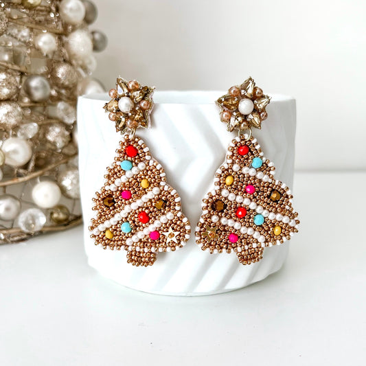 Gold Beaded Christmas Tree Earrings - Lacey Lou Sparkles
