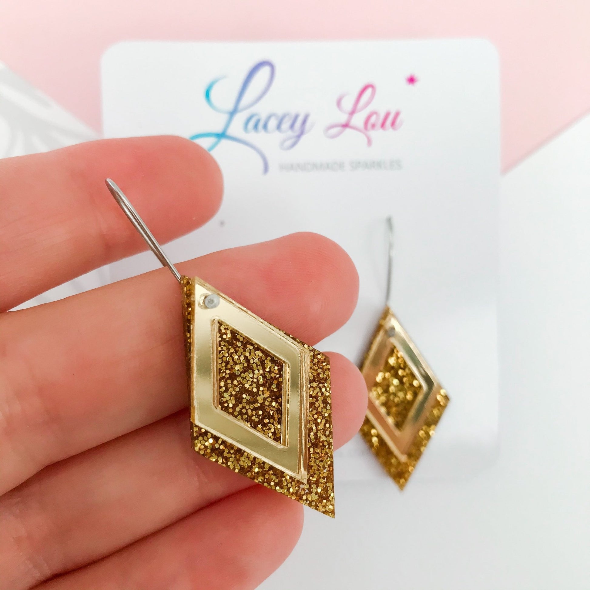 Gold Diamond Dangle Acrylic Earrings - Lacey Lou Sparkles