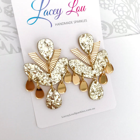 Golden Goddess Chandelier Dangles - Statement Acrylic Earrings - Lacey Lou Sparkles
